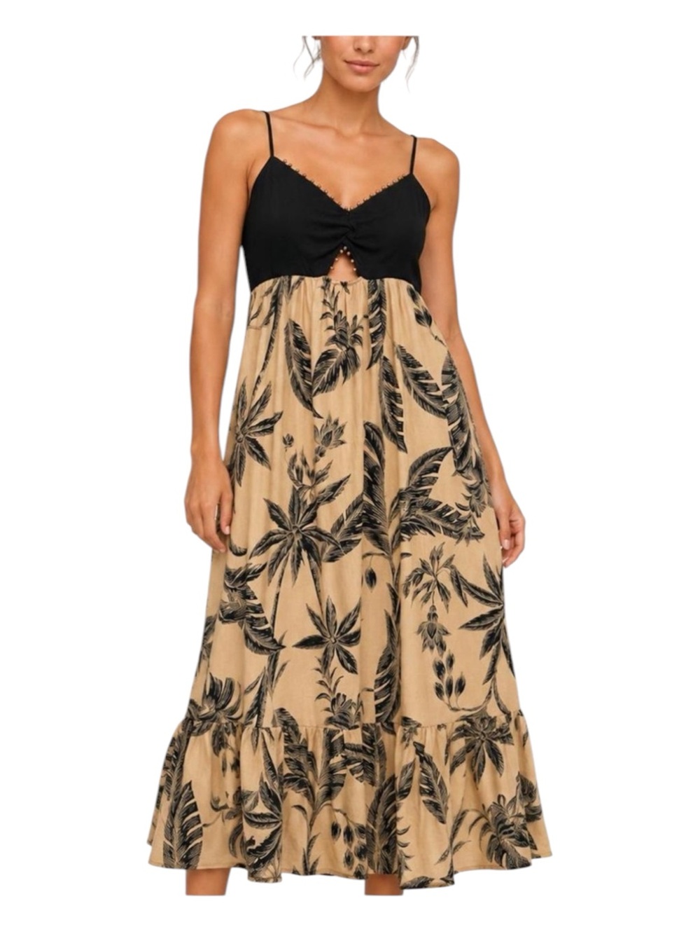 A New Day black tan tropical leaf print maxi dress with beaded trim Size M - Picture 2 of 11